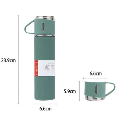 Vacuum Insulated Flask Set With 3 Cups- Satin-less Steel Thermos 500-ML Bottle Gift Pack - Hot & Cold