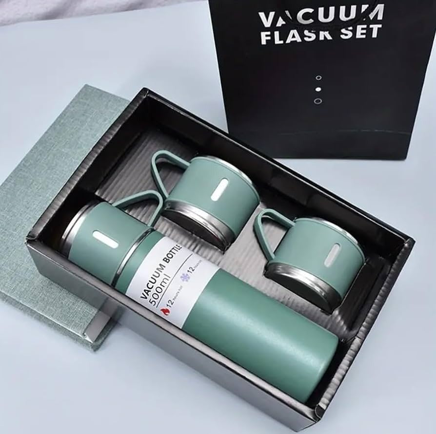 Vacuum Insulated Flask Set With 3 Cups- Satin-less Steel Thermos 500-ML Bottle Gift Pack - Hot & Cold