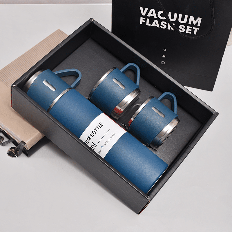 Vacuum Insulated Flask Set With 3 Cups- Satin-less Steel Thermos 500-ML Bottle Gift Pack - Hot & Cold